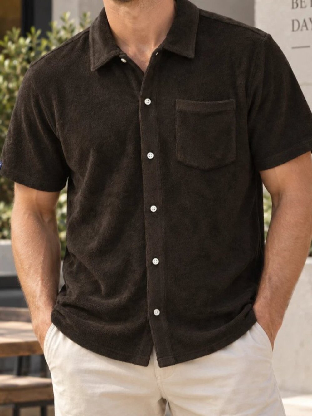 Criquet Terrycloth Buttondown Men's Shirt Collared Short Sleeves Solid M 290729